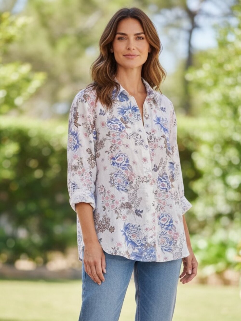 Eden & Olivia Cotton Floral Popover Top Sz XL Roll Tab Sleeve‎  227E
